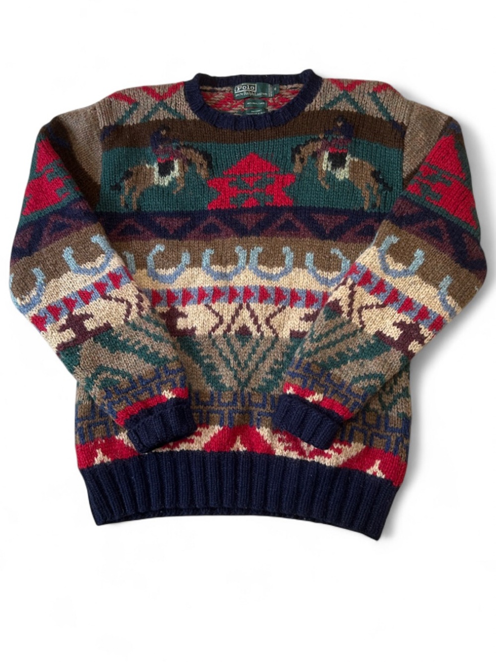 Vintage Polo by Ralph Lauren size medium horse Multicolor Patterned Wool Sweater